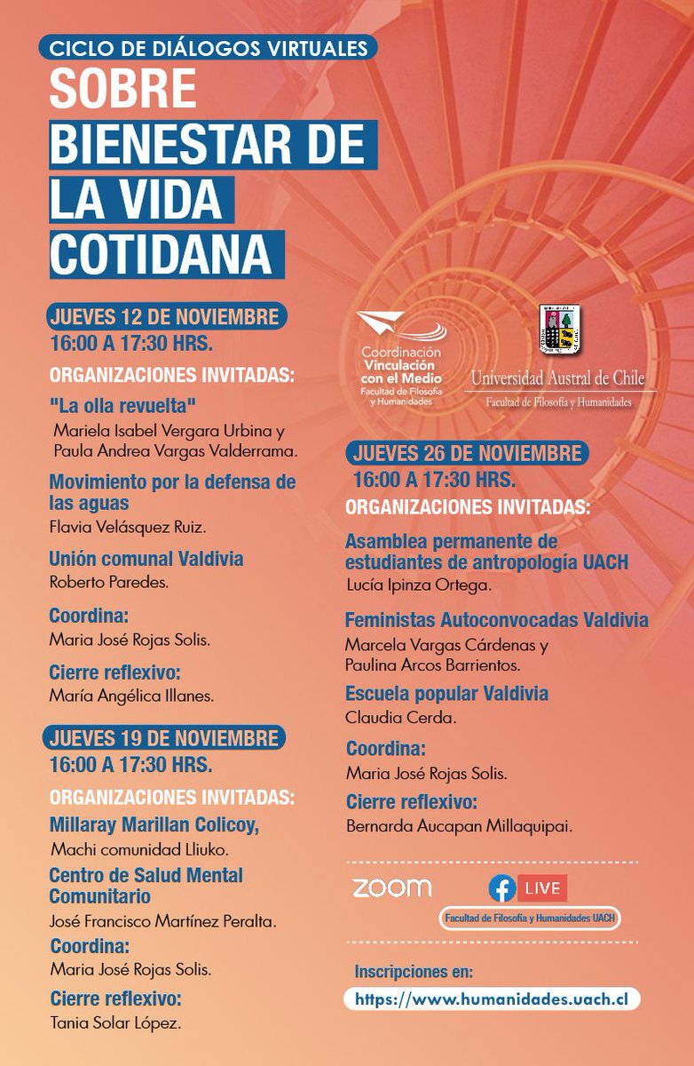 Estamos iniciando este Ciclo de Diálogos Virtuales sobre Bienestar de la Vida Cotidiana organizado por  <a href="/HumanidadesUACh/">Facultad de Filosofía y Humanidades UACh</a> en la cual conoceremos cómo las organizaciones sociales de Los Ríos han vivido la pandemia actual. Conéctense en facebook.com/FilosofiayHuma…