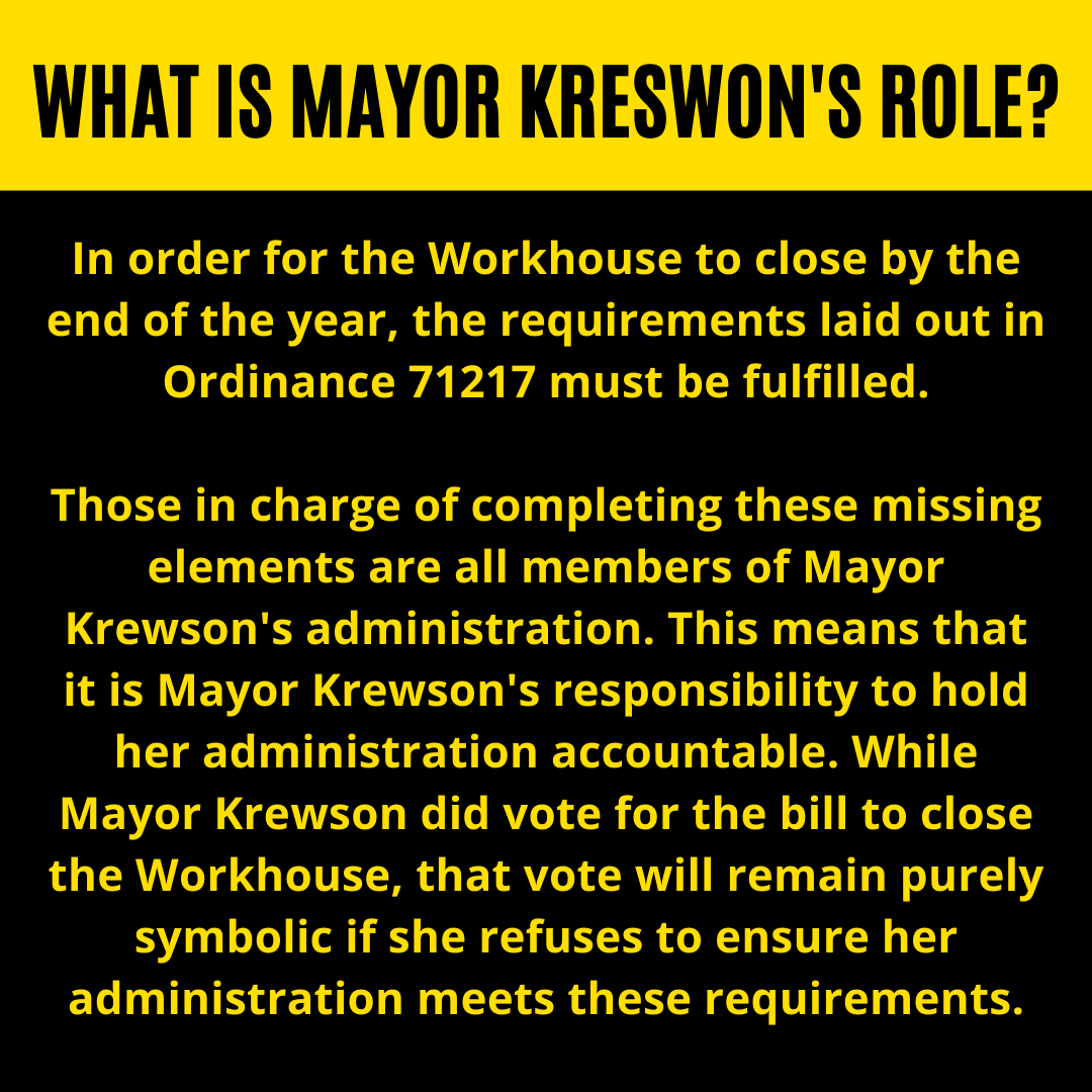 Krewson to hold her own administration accountable is keeping millions of dollars from our communities and those most impacted by the Workhouse. Contact Mayor Krewson TODAY and tell her to stick to the bill she voted for, to hold her administration accountable, and to close the