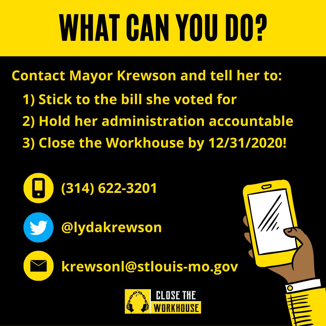 Krewson to hold her own administration accountable is keeping millions of dollars from our communities and those most impacted by the Workhouse. Contact Mayor Krewson TODAY and tell her to stick to the bill she voted for, to hold her administration accountable, and to close the