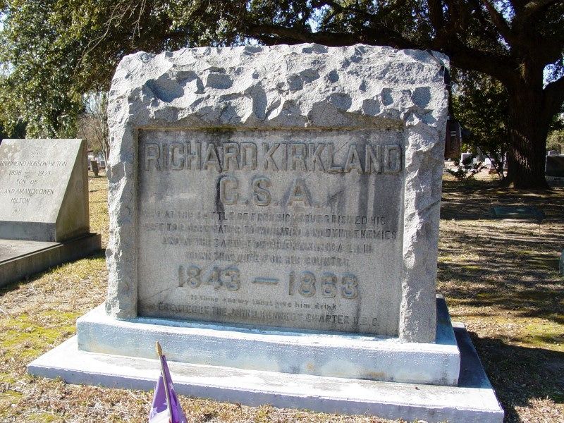 During the Battle of Chickamauga on 20/09/1863 he and 2 other men lead a charge. Realizing they had advanced too far forward of their own unit they attempted to return but Kirkland was shot. His last words were "I'm done for... save yourselves and please tell my Pa I died right."