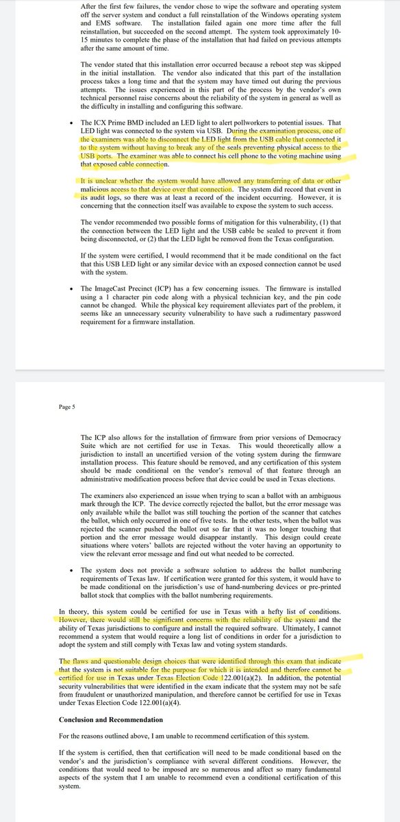 According to multiple reports, an examiner was able to hook his phone to Dominion Voting machines via a USB port—and though the machine logged the event, it is "unclear" whether the system would've allowed the transfer of data.It goes on to question the system's "reliability".