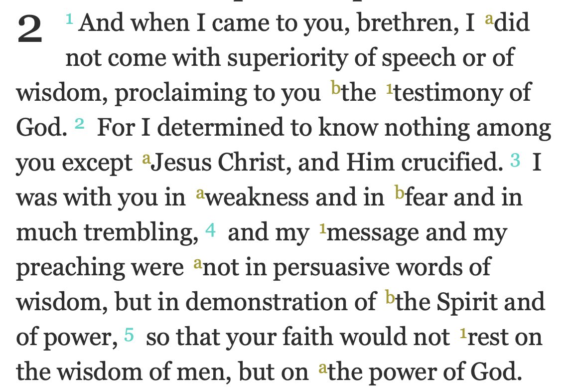 But what if the question we SHOULD be asking is, "Why is what I'm preaching less compelling to the average person than a conversation between a cage fighting commentator and a neuroscientist?The solution is not in our eloquence but in 1 Cor. 2:1-5 (pictured):(3 of 5)