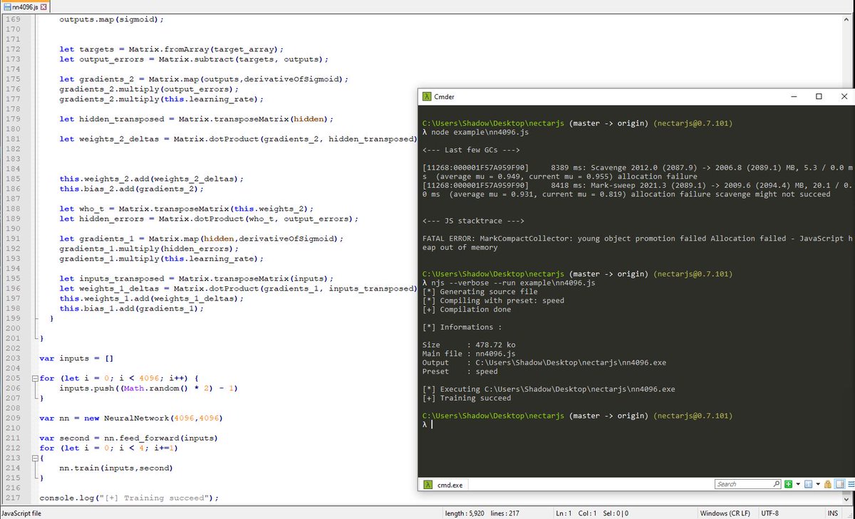 NectarJS's tweet image. #NectarJS is becoming more mature ! 

To demonstrate what we can do, Wesley created some neural networks examples.
The 4096 x 4096 nn example gives a JavaScript heap out of memory with #NodeJS, but compiles and run fine with NectarJS github.com/NectarJS/necta…