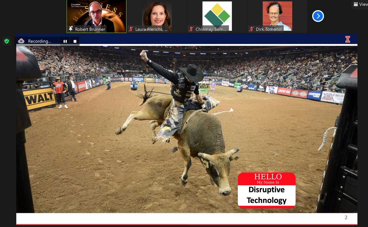 LauraUIRP's tweet photo. Managing 'disruptive technology is like riding a bull', its not as easy as it may seem to hold on through it @ProfBrunner is the Chief Disruption Officer @giesbusiness - Sr. Data Science Expert-in-Residence @UIResearchPark #BigData2020 https://t.co/FECujqaK2j