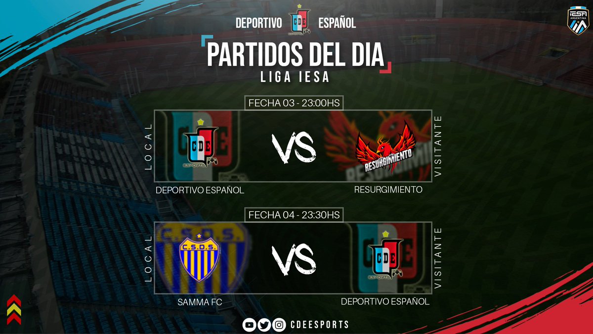 🇪🇸 ¡VAMOS ESPA! 🇪🇸

⚽️ #IESAArgentina 

📌 Se juega la 3ra y 4ta fecha por la liga <a href="/IESAFIFAar/">IESA Argentina</a>.

⏰ 23:00 vs. <a href="/resurgimientoes/">Resurgimientoes</a>
⏰ 23:30 vs. <a href="/sammafc/">Samm Abdi ♠️</a>

🖥️ 🎥 Seguinos en vivo desde las 23hs. 👉🏼 youtube.com/channel/UCe8fE…

#VamosGallegos 🇪🇸🎮