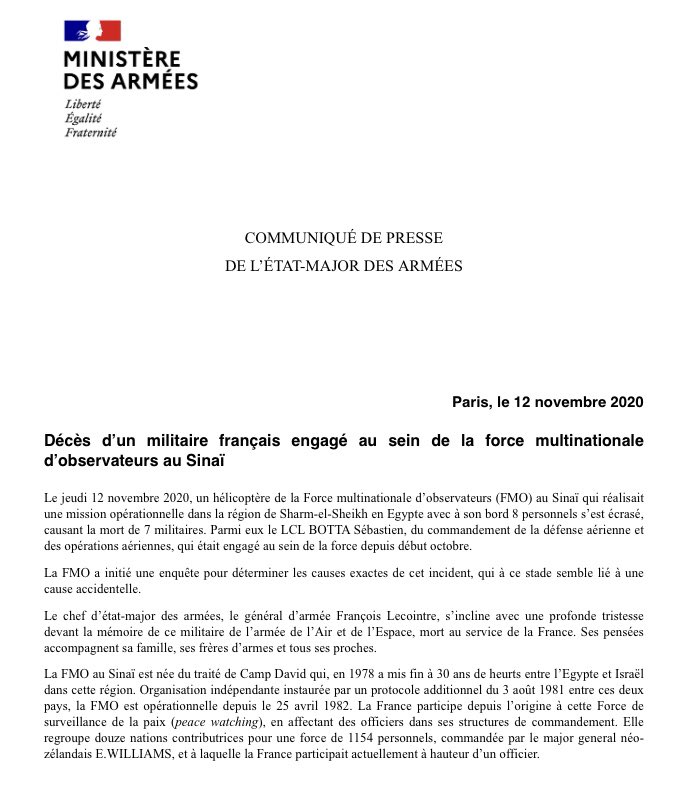[#CEMA] Toutes mes pensées accompagnent la famille, les proches et les frères d’armes du lieutenant-colonel Sébastien Botta mort en opération au service de la France ce jour, lors de l’accident d’un hélicoptère de la Force Multinationale d’Observateur au Sinaï.