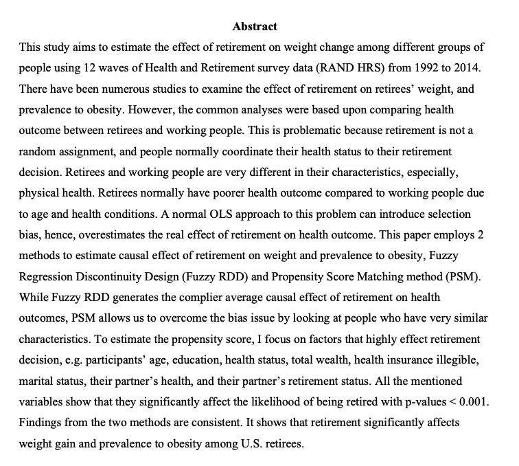 Tuyen PhamJMP: "The effect of retirement on weight change among US adults using Propensity Score Matching for causal inference"Website:  https://sites.google.com/view/tuyen-pham/home?authuser=0