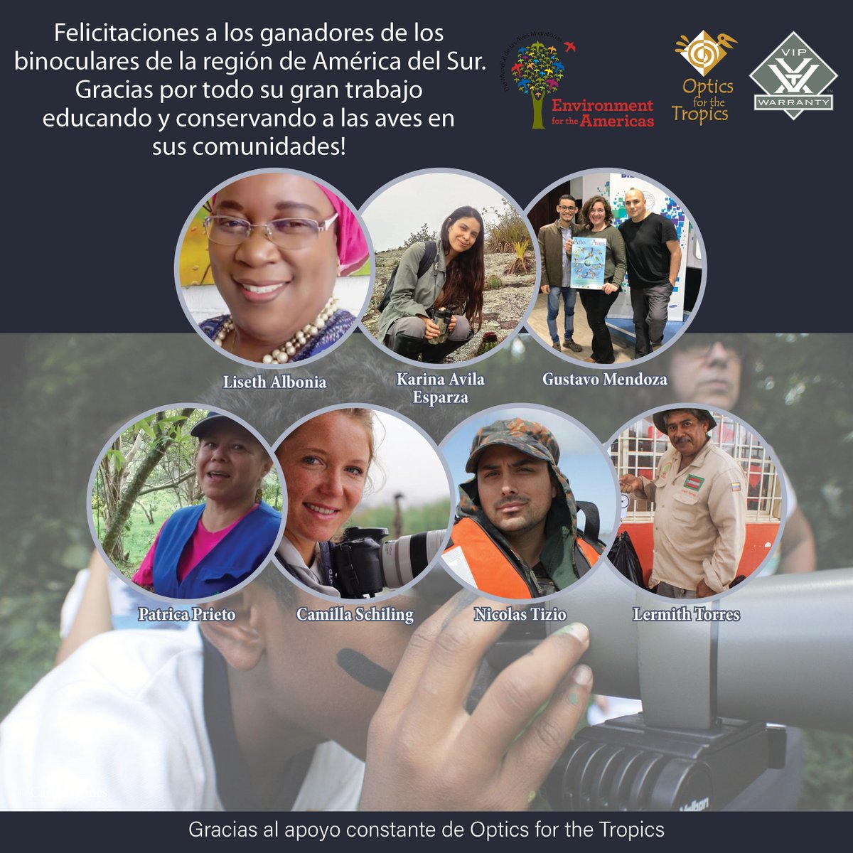 enviroamericas's tweet photo. Environment for the Americas, celebra, agradece y felicita a los ganadores de Binoculares #DMAM2020 en América del Sur.
( 🇦🇷) Gustavo Mendoza (🇦🇷) Nicolas Tizio, (🇻🇪) Lermith Torres, (🇨🇱) Camilla Schiling , (🇨🇴)Patrica Prieto, (🇨🇴) Lisbeth Abonia, (🇧🇷) Karina Avila Esparza
#WMBD https://t.co/uBpF4ddYcb