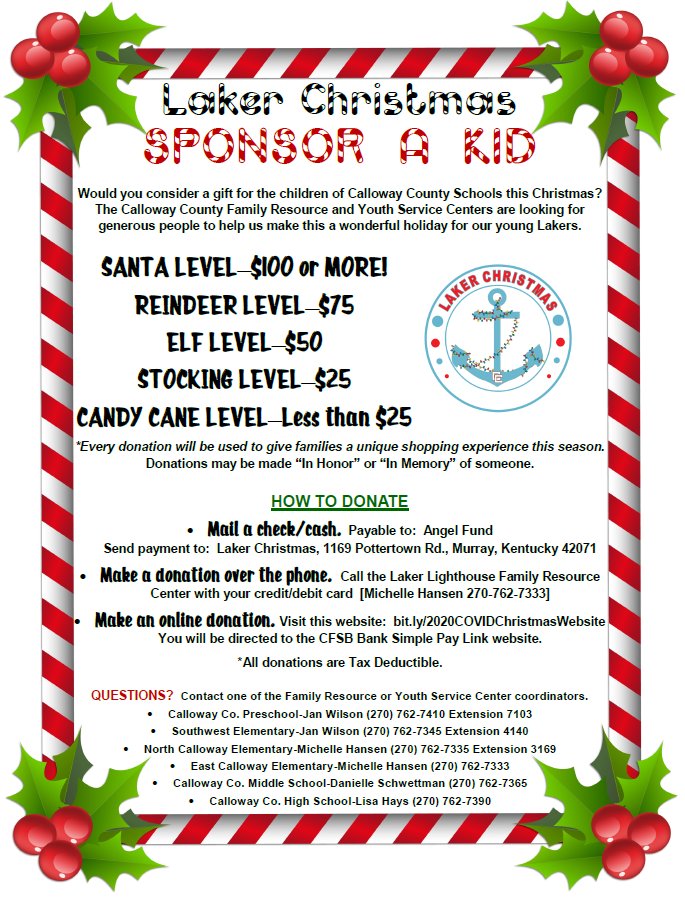 Please consider making a donation to the Laker Christmas program this year.  Please contact the school's FRYSC center.  #CallowaySchools