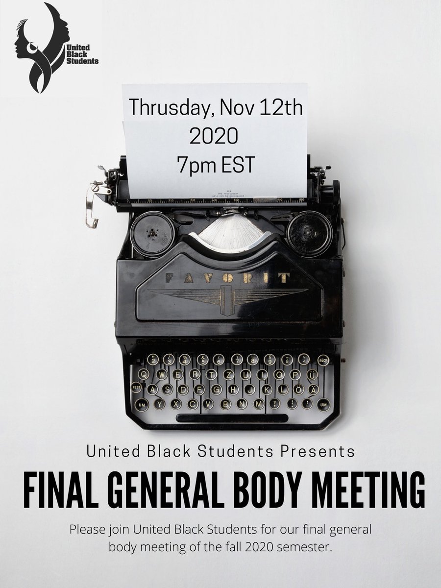 Our final general body meeting of the semester is this evening at 7 pm and will be discussing important topics such as Black Awareness Month and the campus climate for Black students. We hope that you all will join us! 

To RSVP: tinyurl.com/UBSMeeting