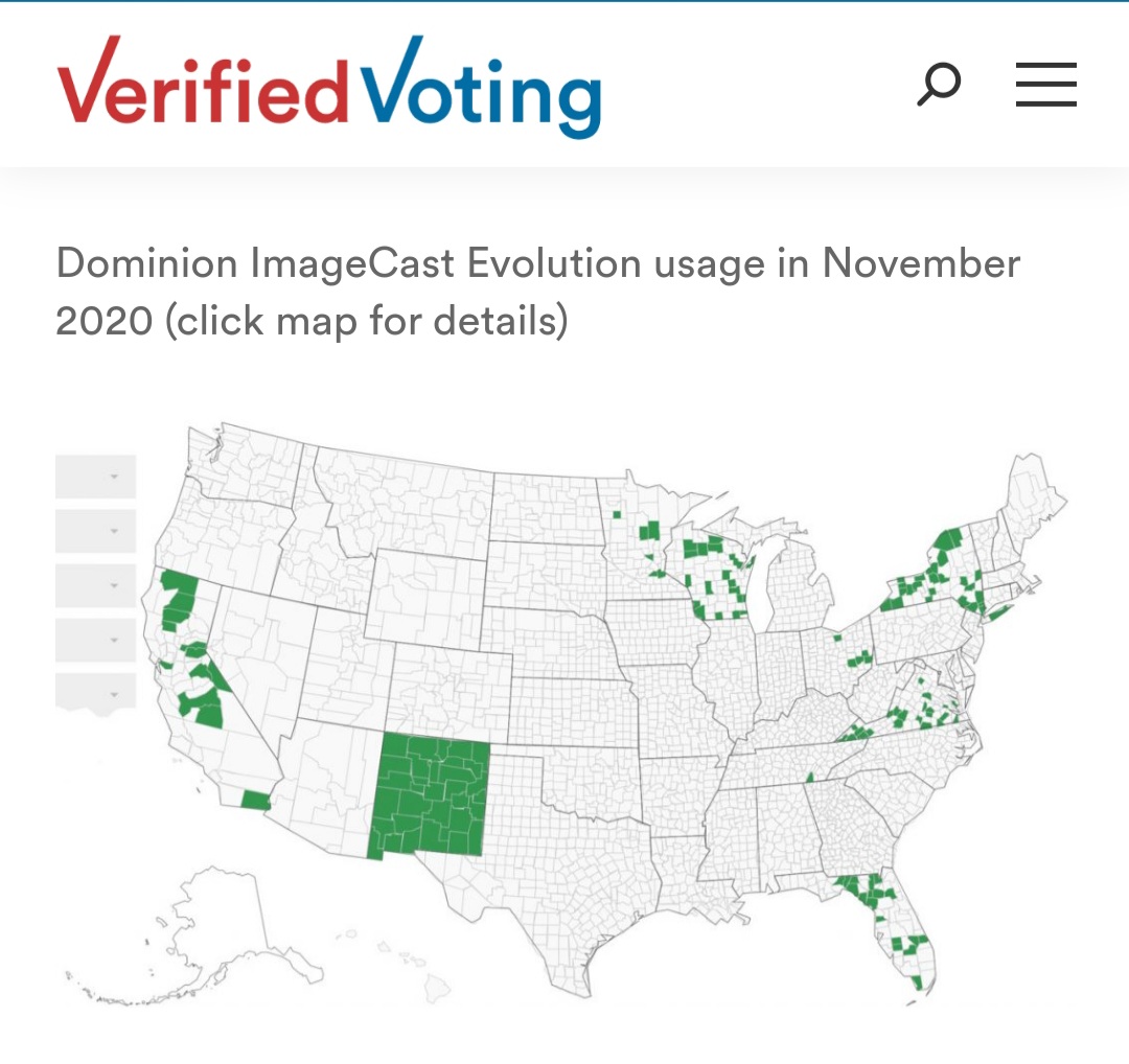 Dominion Voting's various systems and machines are used practically statewide, in California, Michigan, Alaska, Nevada, Georgia, New Mexico,and Colorado—also parts of Wisconsin, Arizona, Pennsylvania, Virginia and others.
