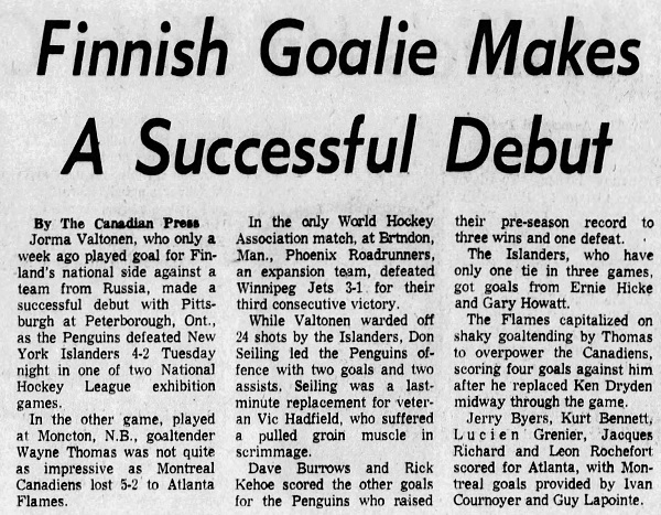 Victoria (BC) Times Colonist, September 25, 1974. Valtonen and the  @penguins beat the  @NYIslanders in an exhibition.
