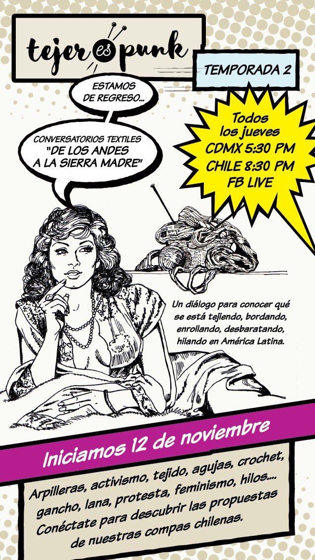 lanadesastre's tweet photo. Hoy @tejerespunk inicia la segunda temporada de conservatorios textiles. Sintonicen el facebook de lanadesastre para verlo 🗣🧶 https://t.co/GzpSS79NnI