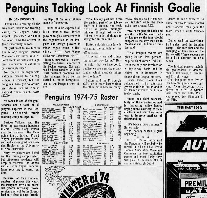 Pittsburgh Press, September 1, 1974. I wasn't previously aware that Jorma Valtonen attended the  @penguins training camp in 1974.