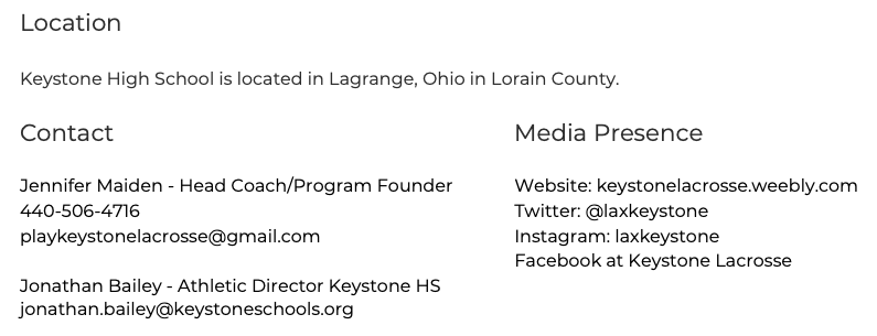 XcelerateLaxCLE's tweet photo. Head Coaching position at Keystone High School available. If interested, contact Jennifer Maiden and Jonathan Bailey. Contact information in the picture. https://t.co/pofzbl04kk