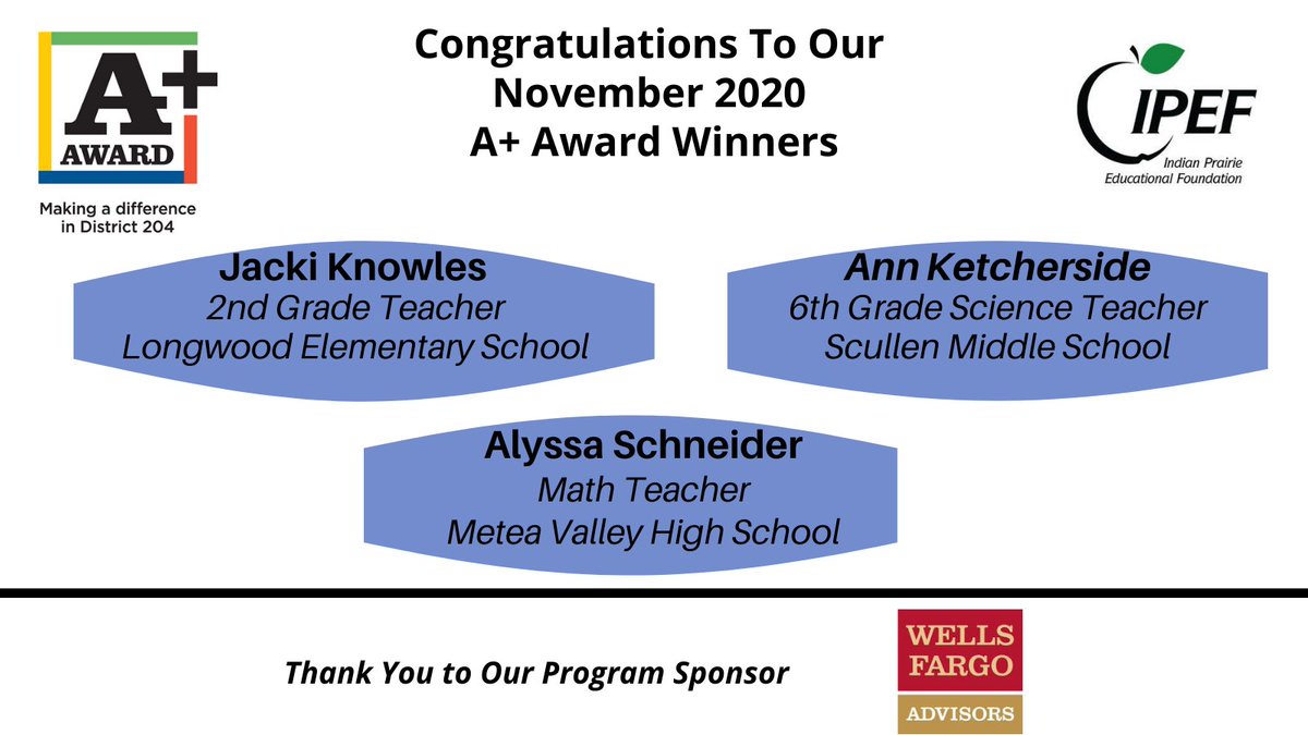 ipef204's tweet photo. Very proud of our 3 November A+ Award winners! Congrats! T/Y for your hard work &amp; dedication. S/O to program sponsor Wells Fargo Advisors. To nominate a staff member, visit https://t.co/zdWDGVaKEz. #connection #kindness  @ATalley204 @deccarius @ipsd204_hr @ipsd204 @WellsFargo https://t.co/2EJmdd72Qv