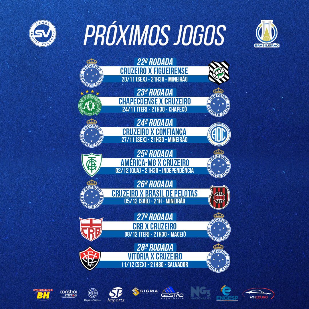 Confira datas e horários dos dois últimos jogos do Cruzeiro no Brasileirão