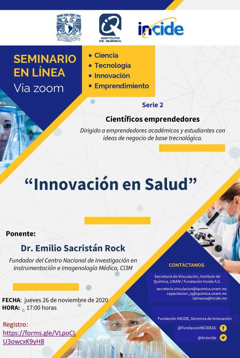 Los invitamos a nuestro próximo Seminario vía Zoom organizado con <a href="/iquimicaunam/">Instituto de Química</a>. En esta ocasión impartido por el investigador y emprendedor mexicano, Premio Nacional de Ciencias y Artes en el campo de Tecnología, Innovación y Diseño, Dr. Emilio Sacristán. No se lo pierdan.