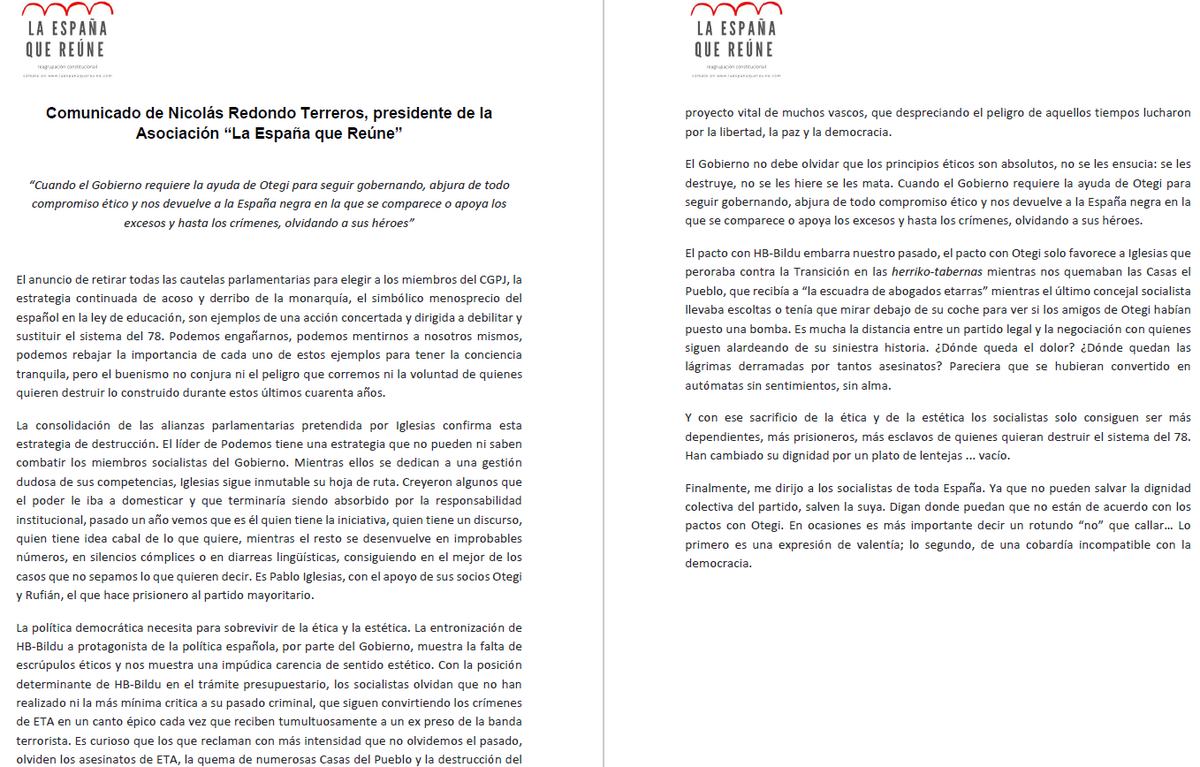 Nuestro pronunciamiento en forma de comunicado del Presidente Nicolás Redondo Terreros, tras el acuerdo de Bildu para los Presupuestos con el Gobierno de coalición: