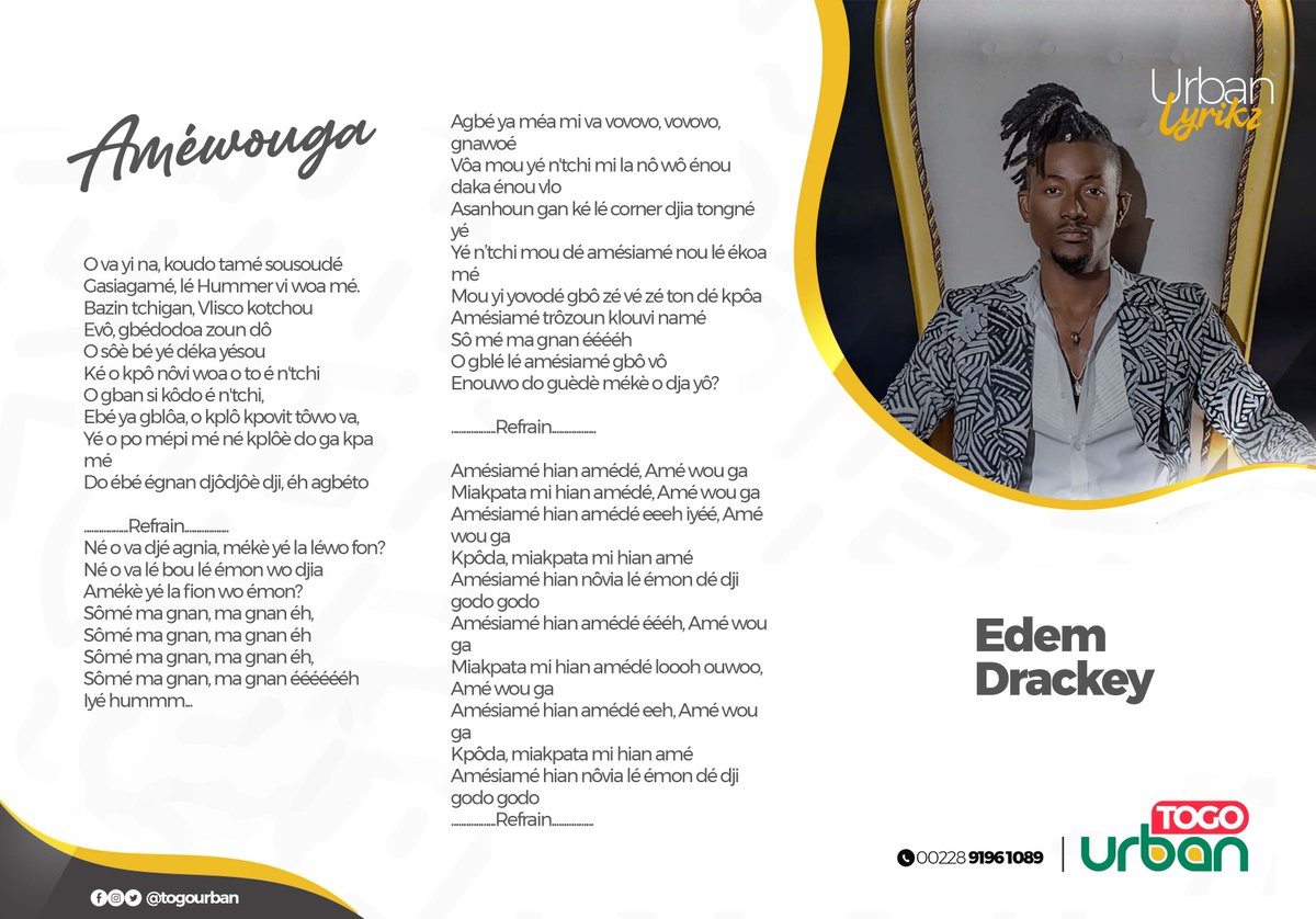TogoUrban's tweet photo. Découvrez les paroles du nouveau hit  #Améwouga de Edem Drackey

Améwouga toujours disponible 👇🏽👇🏽👇🏽
https://t.co/1HNTO8UxDf

#Togourban #Urbanlyrics #Edemdrackey https://t.co/tUnWGvTrs2