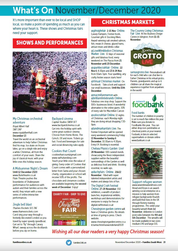 MertonMacmillan's tweet photo. See the Macmillan Merton early early *digital* Christmas Fair in the latest issue of Families South West (@FamiliesSWLon).    The issue is full of home-based activities and Christmas fun 🌲 that are appropriate for this new lockdown situation—plus you can WIN TOYS 🎁 . https://t.co/X4SaOoFEd3