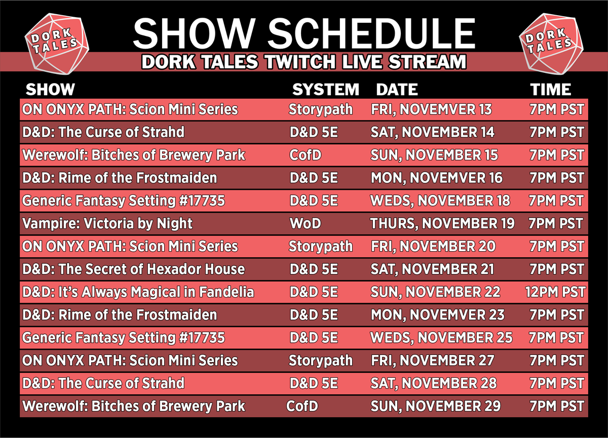 dork_tales's tweet photo. Victoria by Night's schedule has been pushed back a week due to PC job shenanigans! Here's our new updated schedule for the remainder of November!
#vamily #dorktales #victoriabynight #vamprie #v5 #vamp #onyxpath #ttrpg #podcast #actualplayrpg #rpg #worldofdarkness https://t.co/2do1Y9KAyh