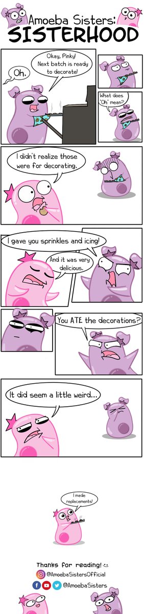AmoebaSisters's tweet photo. Pinky is no longer qualified to be a baking assistant. Brand new #AmoebaSistersSisterhood comic out on @webtooncanvas! https://t.co/NwzWS8BoOe https://t.co/bY6ZUAAcGu