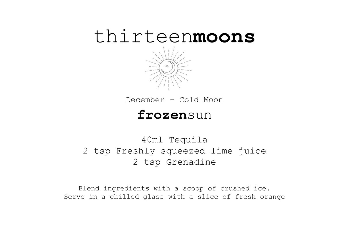 ABNF13's tweet photo. Join us for a thirteenmoons Frozen Sun to celebrate the 2020 December Cold Moon. As they say ‘Tequila may not be the answer, but it’s worth a shot’ Cheers! 
We’re releasing a moon themed cocktail recipe every day until Friday 13 November to celebrate the 13 full moons in 2020 https://t.co/aJYY9EypBJ