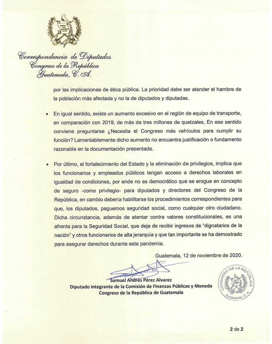 samuel_pz's tweet photo. Hoy los diputados de Giammattei en la Comisión de Finanzas votaron a favor del dictamen del Presupuesto 2021 del Congreso, donde aumentan en Q500mil para alimentos a diputadas/os, Q100 millones para comprar un terreno y construir un edificio.

Aquí mi voto razonado en contra. https://t.co/7XTe400qFg