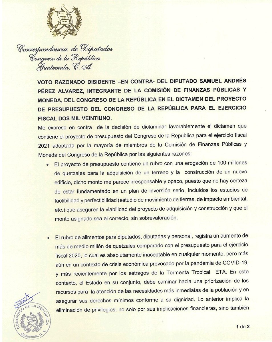 samuel_pz's tweet photo. Hoy los diputados de Giammattei en la Comisión de Finanzas votaron a favor del dictamen del Presupuesto 2021 del Congreso, donde aumentan en Q500mil para alimentos a diputadas/os, Q100 millones para comprar un terreno y construir un edificio.

Aquí mi voto razonado en contra. https://t.co/7XTe400qFg