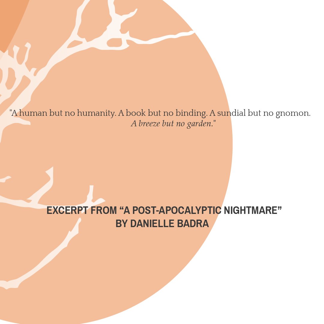 MaynardPoetry's tweet photo. Corresponding with Syrian-American poet Etel Adnan, Danielle Badra awakens readers to a collective, unconscious PTSD in "A Post-Apocalyptic Nightmare." To read the entire poem, go to: https://t.co/SSaoAbfYeS

#poetry #readpoetry #TheMaynard #TMFall2020 #TMcurrent https://t.co/pc5DZIlpA7