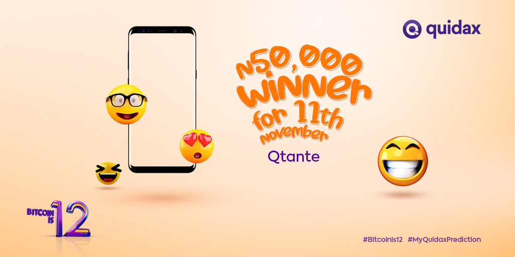 QuidaxGlobal's tweet photo. Congratulations to Qtante  🎉

Going, going, gone 🙅🏽! For now keep your fingers crossed 🤞🏾and hope that by 31st, Dec your prediction fetches you that spicy 😉 🌶️ 300K.

#Bitcoinis12 #MyQuidaxPrediction #Bitcoin https://t.co/PSEl9SsPfo