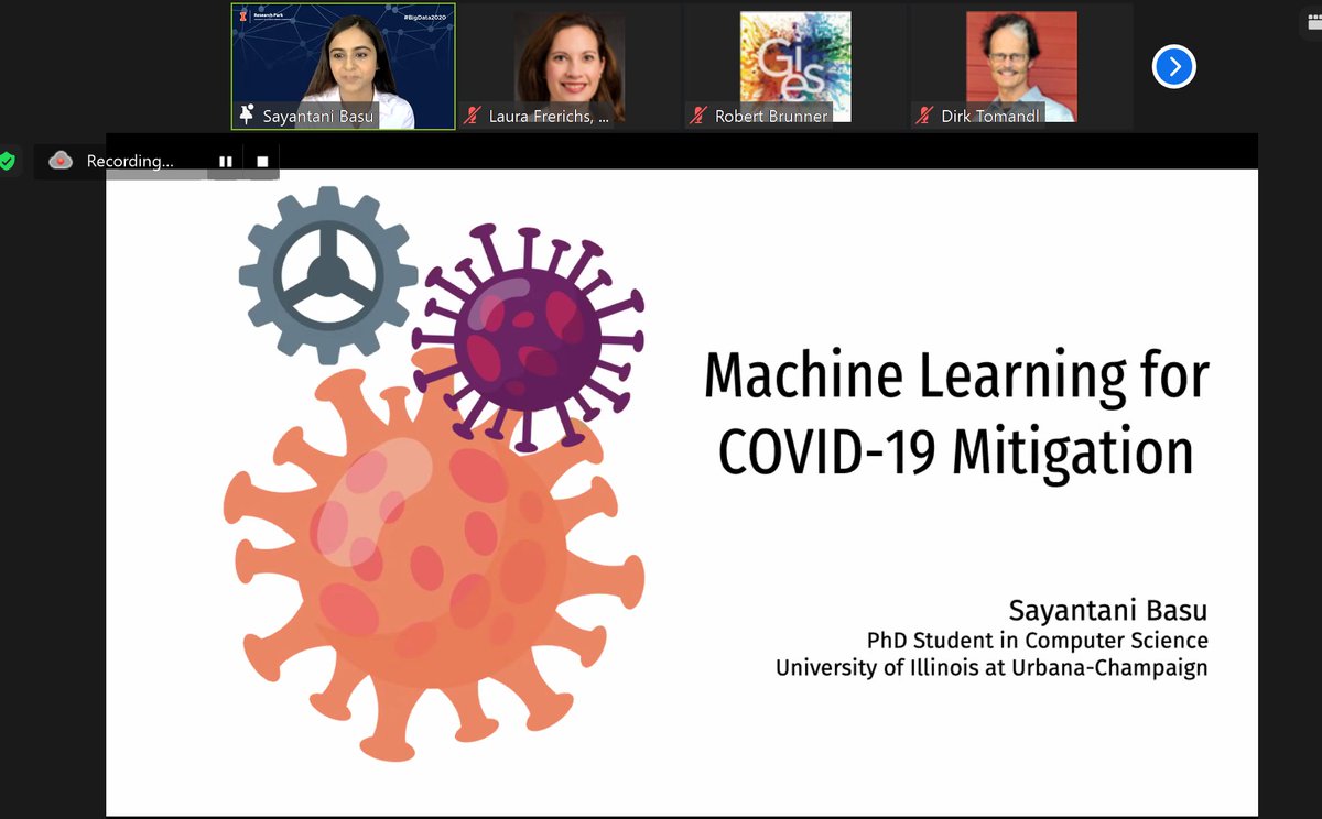 LauraUIRP's tweet photo. Machine Learning for COVID-19 Mitigation, @IllinoisCS PhD student Sayantani Basu shares her research using neural networks lookbacks to model the pandemic, deaths, cases, accuracy in trends #bigdata2020 @UIResearchPark https://t.co/jbteEKgwq1 https://t.co/Z9IJYGk4xa