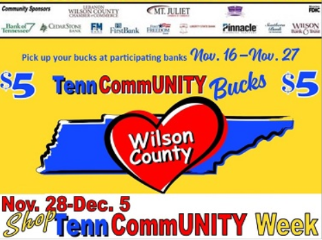 tenncommunity's tweet photo. What are TennCommUNITY Bucks? 
$5 vouchers consumers use as cash in your business during Shop TennCommUNITY Week, Nov. 28-Dec. 5.
How do consumers get them?
Stop by any of the sponsoring banks in Wilson County, Nov. 16-27 &amp; ask for #TennCommUNITY bucks. #supportsmall #visitwilco https://t.co/RcpeBGh3Ls