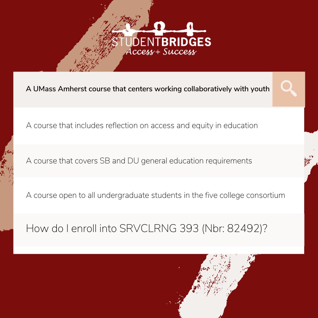 Student_Bridges's tweet photo. Hey everyone! If you’re looking for an impactful community engagement course that meets all of these things than SRVCLRNG 393 is the one for you! Enroll today 🤗 https://t.co/HE7E52ZIe3