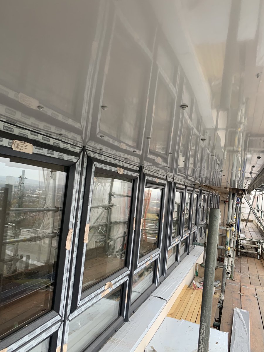 Aluminium Mansard roof and soffit panels being fitted to Brecon, Wells &amp; Truro Towers in Birmingham for ⁦<a href="/WatesGroup/">Wates Group</a>⁩ #cladding #highrise