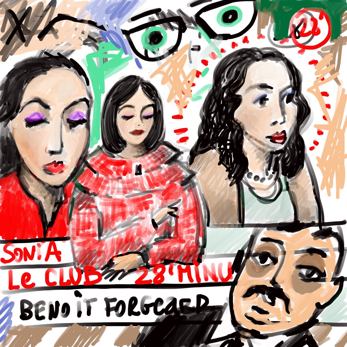 slowpainter's tweet photo. Le Club @28minutes avec #benoitforgeard @SoniaChiro @RenaudDely #arte #dessin https://t.co/sykrEFGNpY