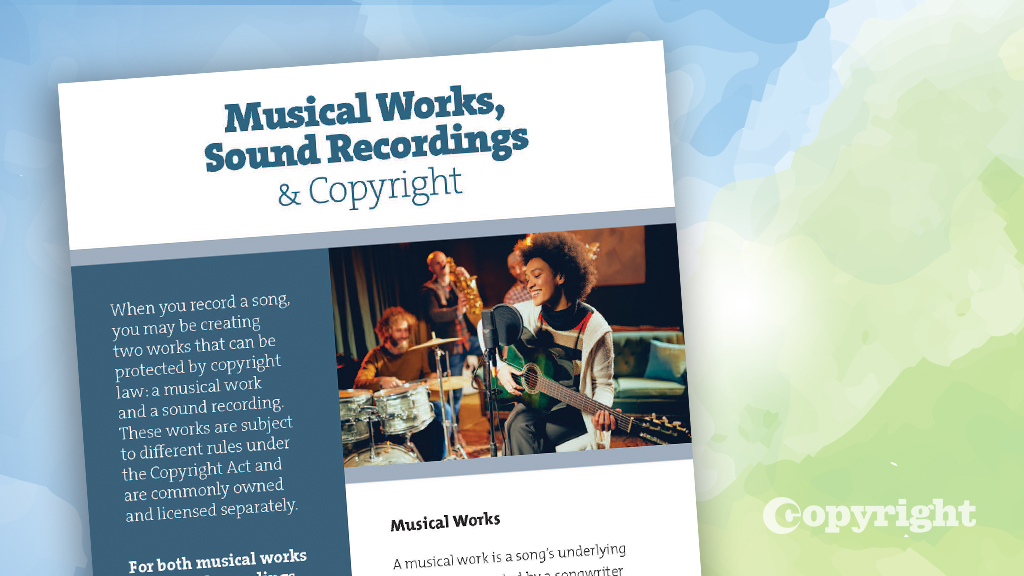 CopyrightOffice's tweet photo. You write music. That's one work protected by copyright. You make a recording. That's another work protected by copyright. Read our #EngageYourCreativity flier on musical works, sound recordings, and copyright. https://t.co/vRhiAZA8rE https://t.co/ARGHmVvaZQ