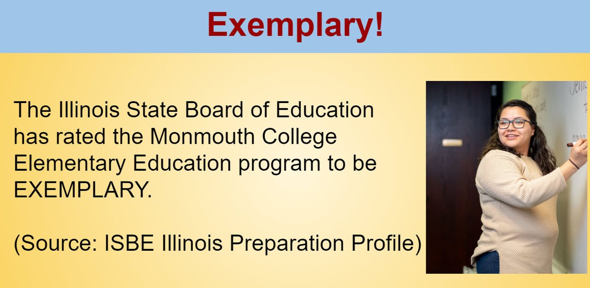 The Illinois State Board of Education has rated the Monmouth College Elementary Education program to be EXEMPLARY.
(Source: ISBE Illinois Preparation Profile)
Learn more about our Teacher Education programs: monmouthcollege.edu/academics/educ…
