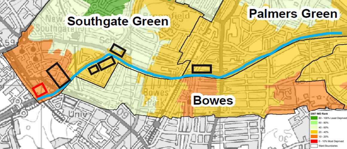 Here's IDACI data for Enfield - this one shows  #BowesLTN. The blue line is the A406 which is where traffic is being deliberately relocated by the scheme, away from the relatively more advantaged areas. /.2