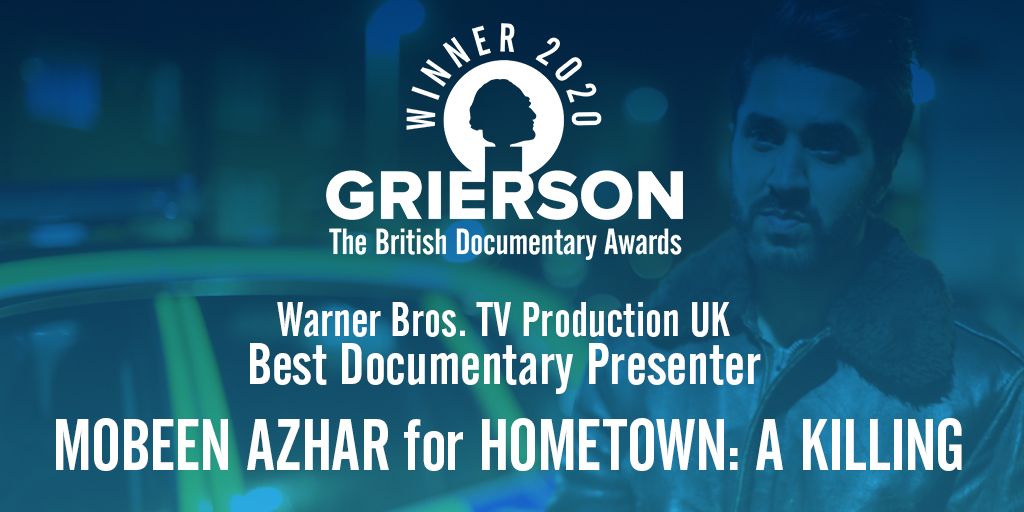 griersontrust's tweet photo. The award for @warnerbrostv Best Documentary Presenter goes to 
MOBEEN AZHAR FOR HOMETOWN: A KILLING
@Mobeen_Azhar @weare_forest 
#GriersonAwards https://t.co/ipilLPFthQ