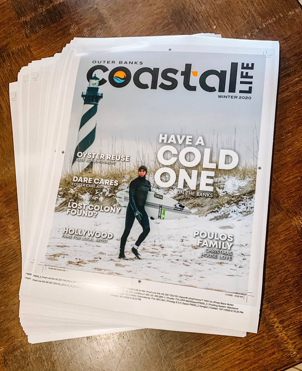 OBXcoastallife's tweet image. Sneak peak of the next new cover. Proofs of the Winter Issue of Outer Banks Coastal Life are in. ❄️🏄🏼‍♂️