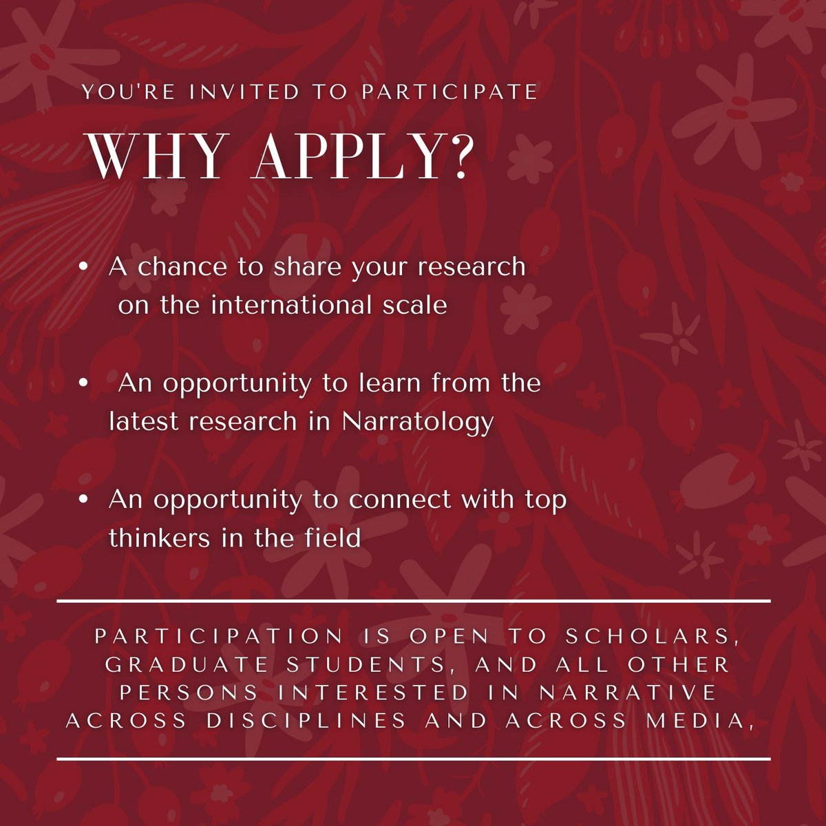 issn_2025's tweet photo. To accommodate folks new to our network, we're extending the submission deadline for our upcoming International Conference on #Narrative until Nov. 25, 2020. Help us spread the word among colleagues, #students, and young #academics! https://t.co/4fUMSd8fqE