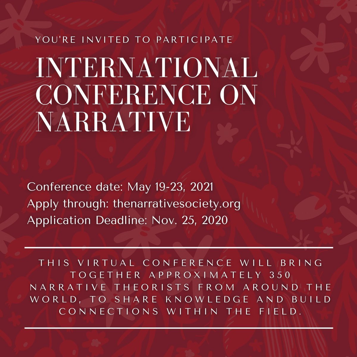 issn_2025's tweet photo. To accommodate folks new to our network, we're extending the submission deadline for our upcoming International Conference on #Narrative until Nov. 25, 2020. Help us spread the word among colleagues, #students, and young #academics! https://t.co/4fUMSd8fqE