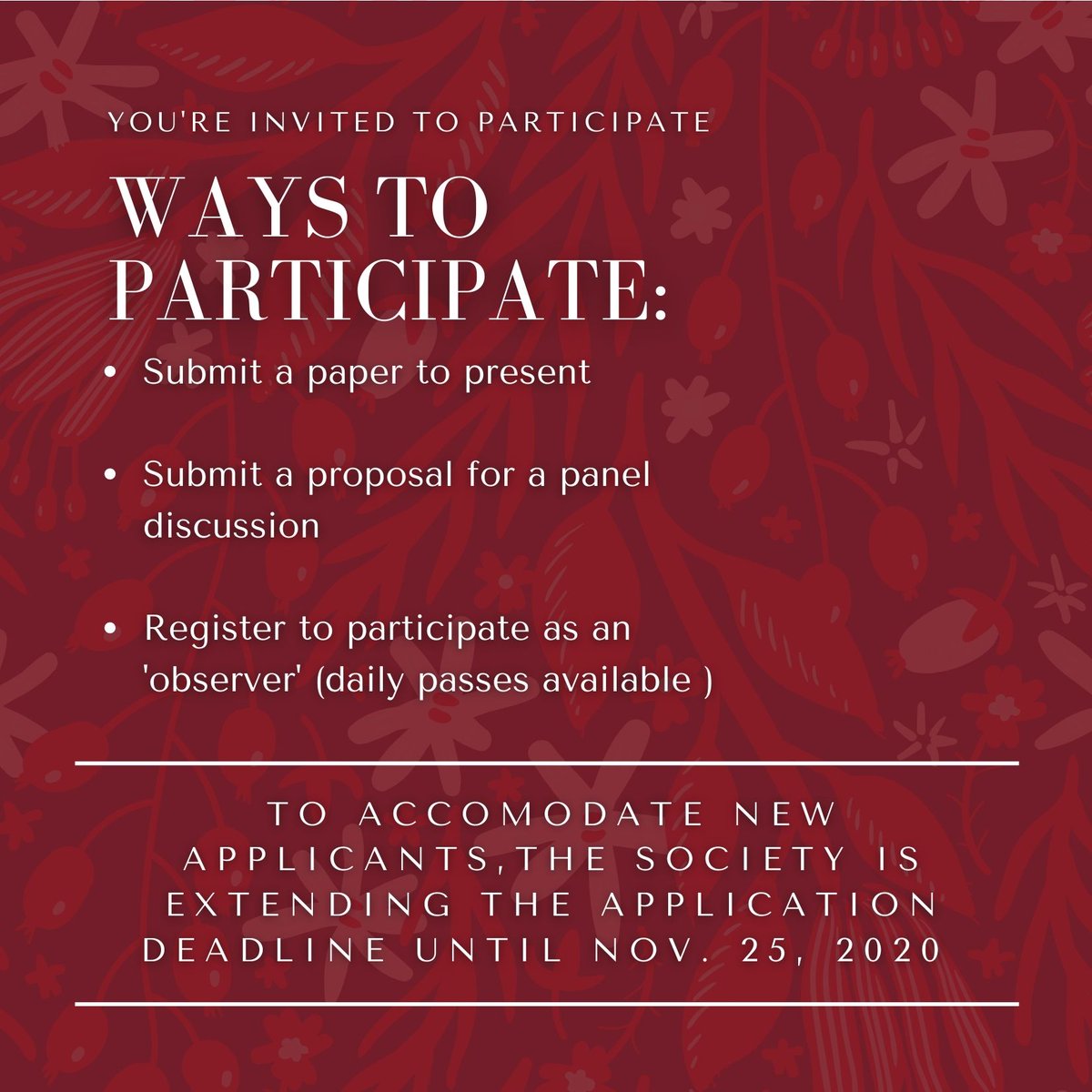 issn_2025's tweet photo. To accommodate folks new to our network, we're extending the submission deadline for our upcoming International Conference on #Narrative until Nov. 25, 2020. Help us spread the word among colleagues, #students, and young #academics! https://t.co/4fUMSd8fqE