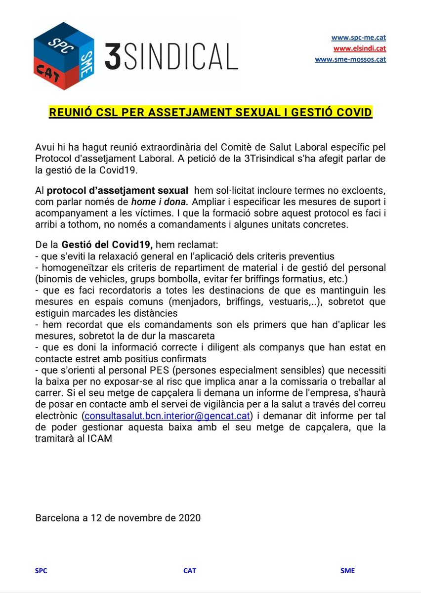 3SINDICAL's tweet photo. Us fem a mans del resum de la reunió d'avui del Comitè de Salut Labiral sobre l'assetjament sexual i gestió COVID. @SPC_Mossos_PL @INFOCATME @smemossos https://t.co/bBgmISoA0m