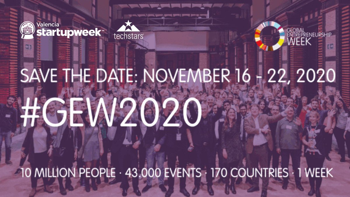 ¡Un año más nos unimos en la Global Entrepreneurship Week  para celebrar el emprendimiento todos juntos! 

#SAVETHEDATE Del 16 al 22 de noviembre mas de 20.000 organizaciones celebran la semana mundial del emprendimiento en mas de 170 países. 

#GEW2020 #VLCSW2020