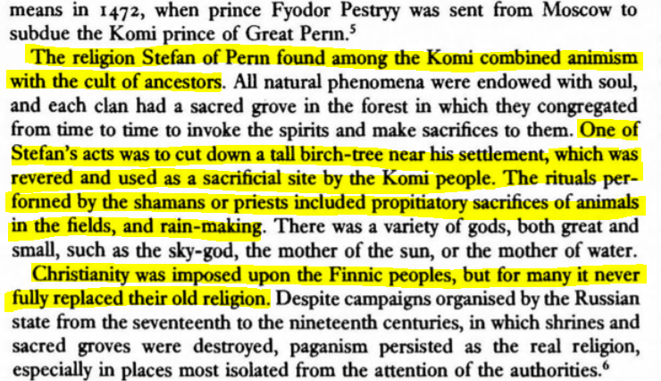 Stefan of Perm and the conversion of Permian peoples to Christianity. Stefan made an alphabet for the Perms. Permian Christianity had many animist attributes.