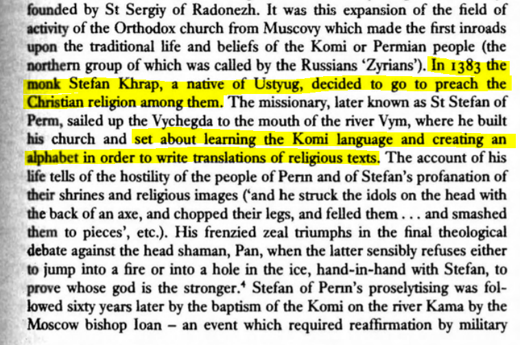 Stefan of Perm and the conversion of Permian peoples to Christianity. Stefan made an alphabet for the Perms. Permian Christianity had many animist attributes.