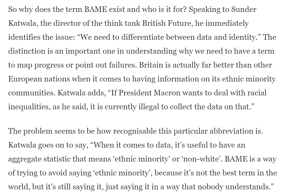 I feel the point of BAME is largely an HR intuition avoid the awkwardness of saying the word 'black' and the (fair point) imperfections of 'ethnic minority' by still using them but hiding them in an acronym.